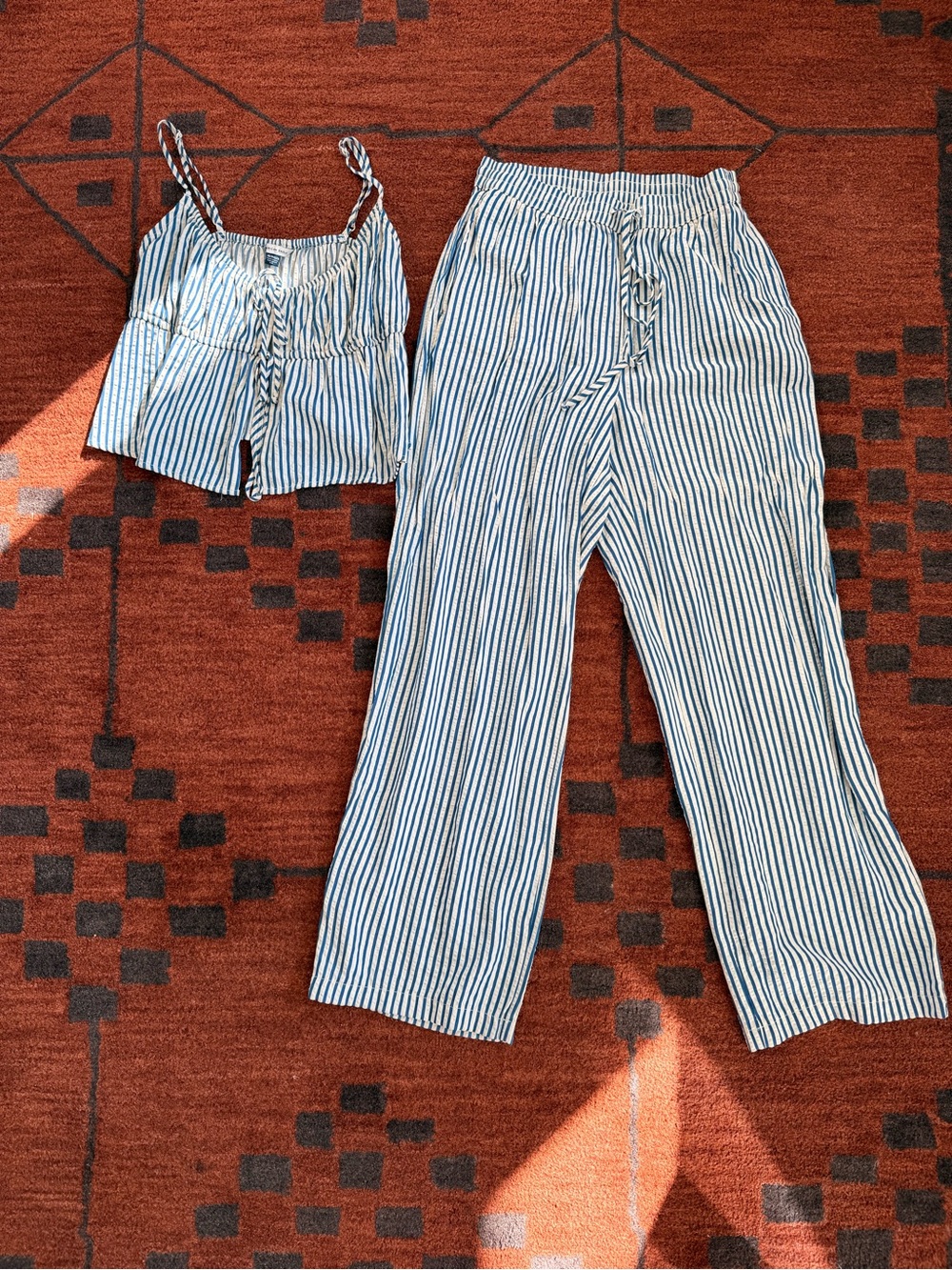 American Eagle Outfitters Blue & White Striped Wide Leg Pants and Tank Top Set